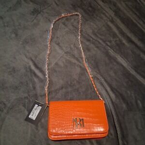 Badgley Mischka Vegan Leather Crossbody Clutch CCrocodile Bag Orange NWT Gift